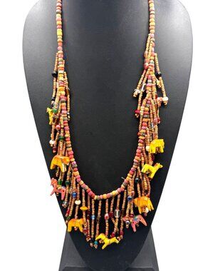 Vintage Bib Necklace or Belt Hand-Carved Wooden Animals Etnic Tribal 36 inches